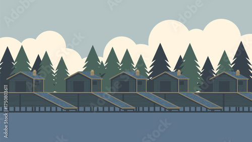 Illustration of cabins on stilts near water with trees and clouds in the background scene design