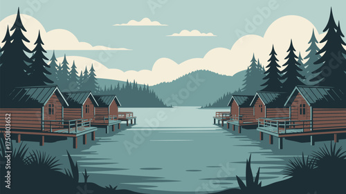 A scenic view of lake with wooden cabins surrounded by trees and mountains under a cloudy sky day