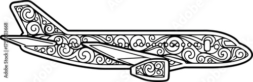 Intricate Airplane Design with Swirling Patterns and Detailed Outlines.