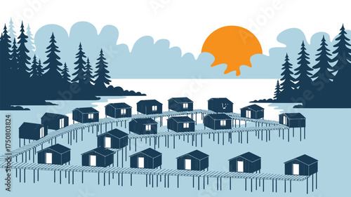 Illustration of huts on stilts over water with trees and sun in the background landscape scene art