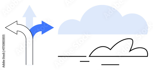 Three diverging arrows represent choices and decisions, paired with a minimalist cloud hinting at ideas or aspirations. Ideal for strategy, navigation, innovation, growth, planning, goals