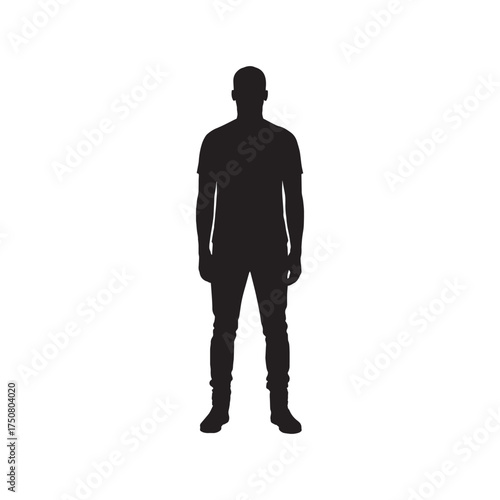 Silhouette of an adult man standing on a white background. Minimal black vector illustration showing a simple human figure in a neutral pose.