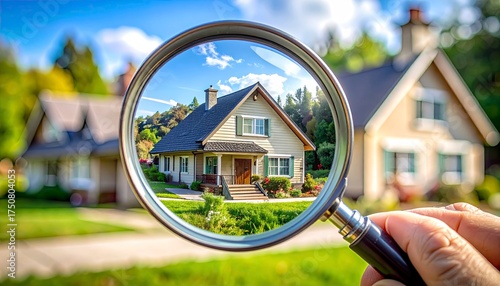close up of a magnifying glass over a house, glass creates a sense of focus and attention to detail, choice of real estate, housing	