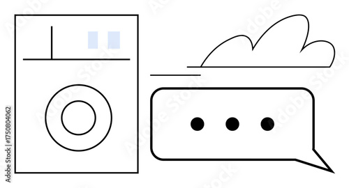 Washing machine alongside cloud and chat bubble with ellipsis emphasizes data sharing, IoT, connectivity, digital interaction. Ideal for smart appliances, innovation, technology, cloud storage
