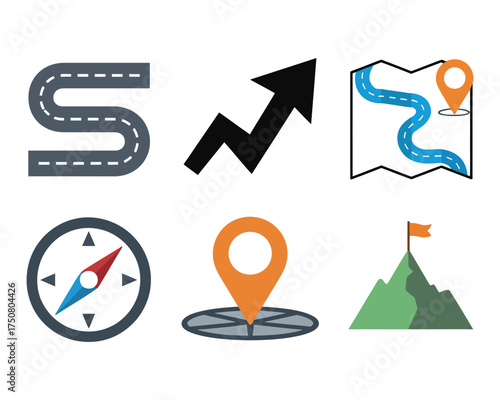 Roadmap icons Navigation, direction, and journey symbol illustrations