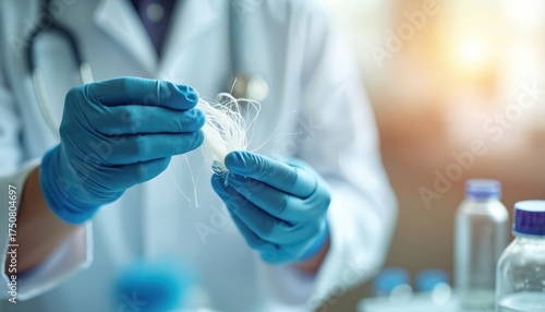 Scientist lab tech in white coat, blue gloves carefully examines fine white fibers. Detailed analysis aids material research, quality control, innovation for medical, textile, industrial uses in
