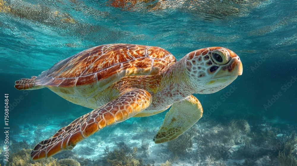 Obraz premium A beautiful sea turtle glides through bright clear ocean waters showcasing its colorful shell against vibrant coral reefs. Sunlight sparkles on the surface enhancing the underwater scene.