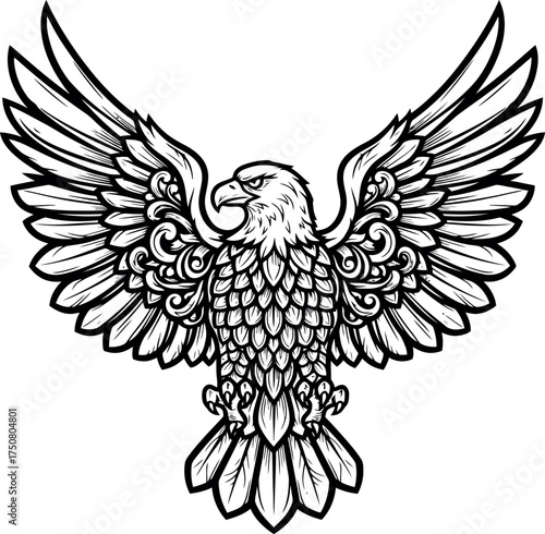 Stylized heraldic eagle with spread wings in black and white.