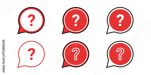 Set of Question Mark Icons in Speech Bubbles with Red Circular Designs for Help and Inquiry UI