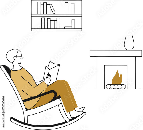 Flat vector illustration of an elderly man reading newspaper or book in rocking chair, calm home setting, isolated on white