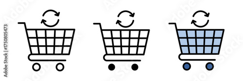 Repeated sales icon simple replace ecommerce shopping cart flat design vector pictogram, stroke, filled and colored concept for web design.