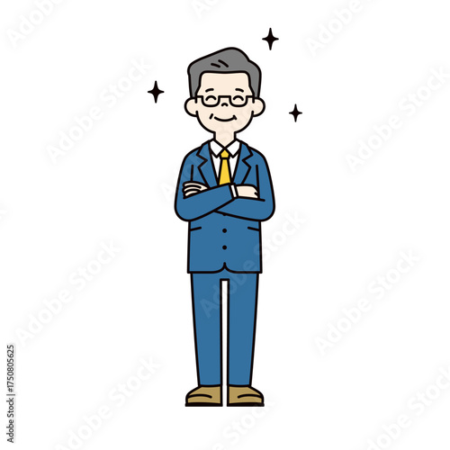 満足そうに微笑む・部下を褒める、60代・70代の男性社長のシンプルな全身ベクターイラスト素材