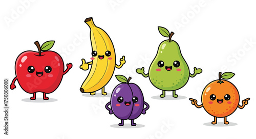 Illustration of smiling cartoon fruits posing together isolated on white background