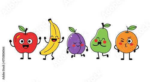 Illustration of happy cartoon fruits in a line isolated on white background