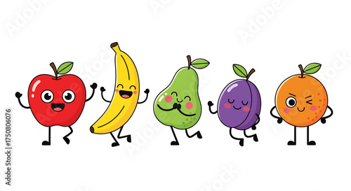Illustration of playful cartoon fruits posing together isolated on white background