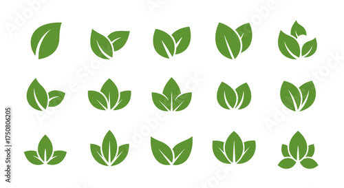 Illustration of assortment of green leaf icons isolated on white background