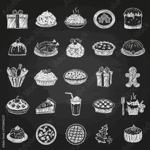 Hand Drawn Sketch Christmas Holiday Food and Dessert on Chalkboard