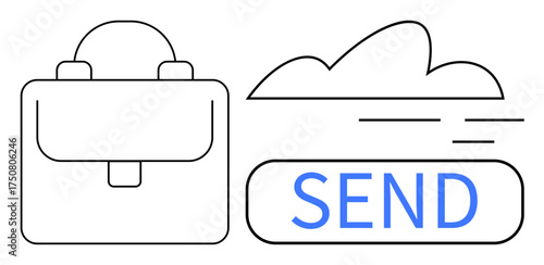 Briefcase next to cloud and SEND button indicating digital file sharing, collaboration, and cloud storage. Ideal for teamwork, productivity, technology, communication, workflow, efficiency simple