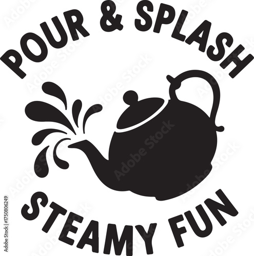 Black teapot pouring water splash with text pour and Religious Symbol liquid