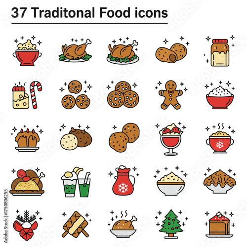 Colorful Line Art Traditional Food Icon Set Collection Design
