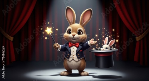 A charming cartoon rabbit magician performing a magical trick on stage with red curtains
