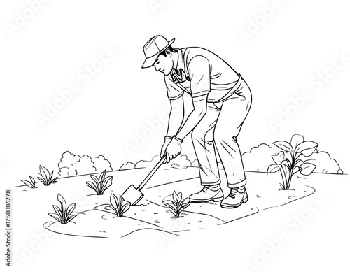 Minimalist line art of a gardener weeding the flower beds
