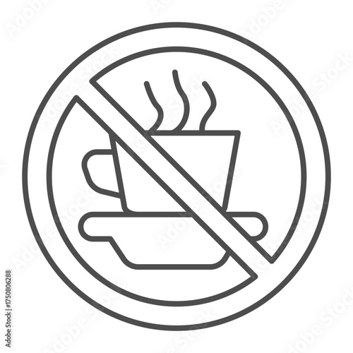 Hot coffee ban thin line icon, drink concept. Vector graphics. Cup on a saucer, forbidden, prohibited item sign on white background, outline style icon for mobile or web design.
