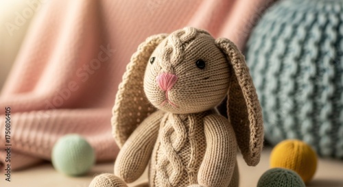 Handcrafted knitted bunny doll surrounded by soft textured fabrics and yarn balls evoking warmth