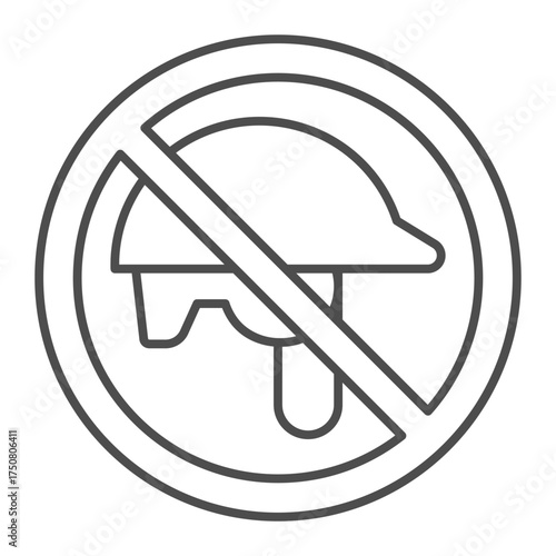 Construction worker helmet ban, head helmet concept. Vector graphics. Forbidden, prohibited item sign on white background, outline style icon for mobile or web design.
