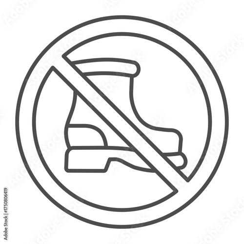 Shoe ban thin line icon, boot concept. Vector graphics. Forbidden, prohibited item sign on white background, outline style icon for mobile or web design.