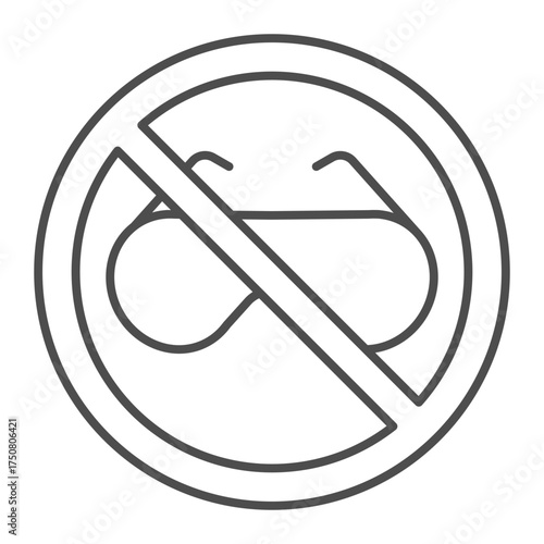 Sunglasses ban thin line icon, summer wear concept. Vector graphics. Forbidden, prohibited item sign on white background, outline style icon for mobile or web design.