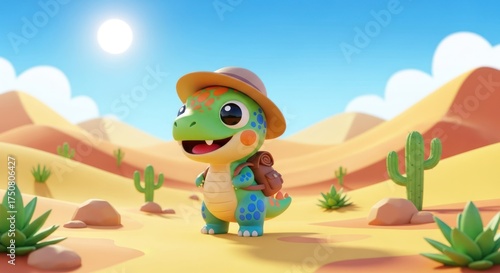 Whimsical desert journey: a 3D cartoon dinosaur adventurer exploring with backpack and hat