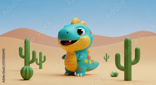 Adorable cartoon dinosaur character in a desert landscape with playful cacti design element