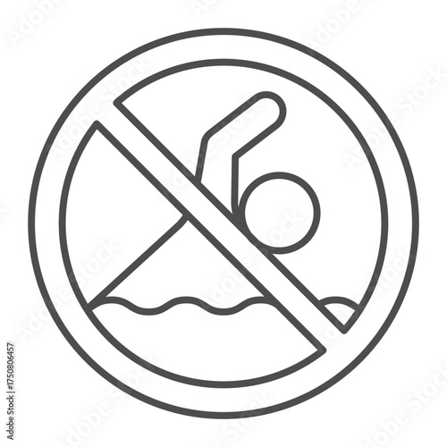 Swimming in water ban thin line icon, person swimming concept. Vector graphics. Forbidden, prohibited item sign on white background, outline style icon for mobile or web design.
