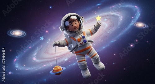 A whimsical spaceman's odyssey: Exploring cosmic wonders with childlike innocence and playful