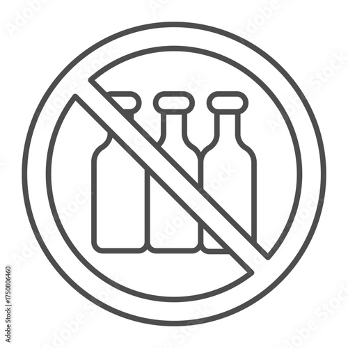 Three glass bottles ban thin line icon, processing of raw materials concept. Vector graphics. Forbidden, prohibited item sign on white background, outline style icon for mobile or web design.