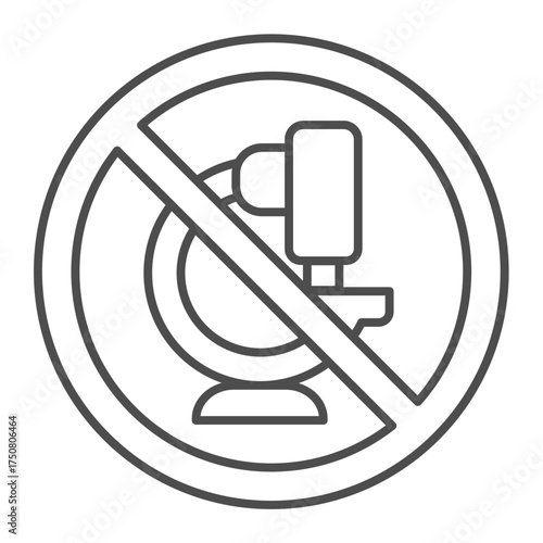 Project microscope ban thin line icon, scientists instrument concept. Vector graphics. Forbidden, prohibited item sign on white background, outline style icon for mobile or web design.