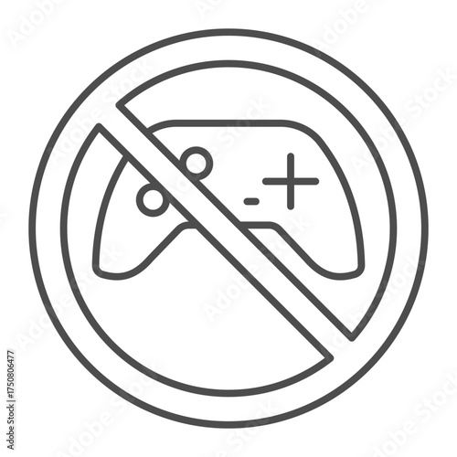 Joystick ban thin line icon, game controller concept. Vector graphics. Forbidden, prohibited item sign on white background, outline style icon for mobile or web design.