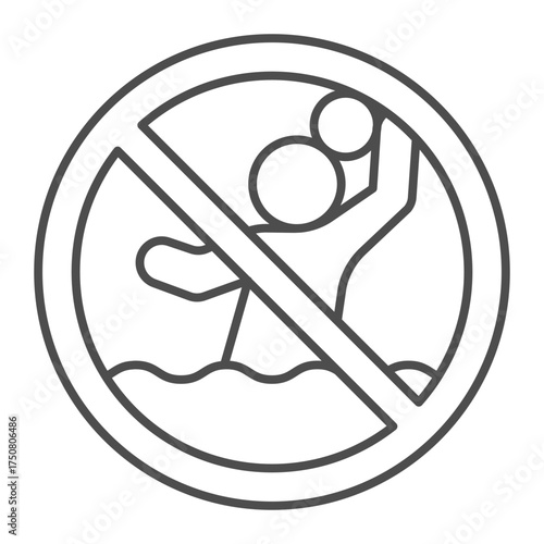 Man with ball in water ban thin line icon, swimming and playing concept. Vector graphics. Forbidden, prohibited item sign on white background, outline style icon for mobile or web design.