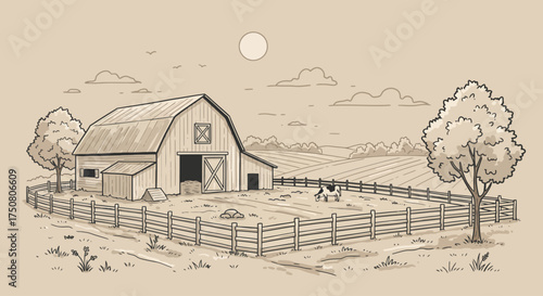 Rural Barnyard Illustration: Capturing the charm of countryside life, this illustration showcases a rustic barn with an open doorway in the middle of the farm.