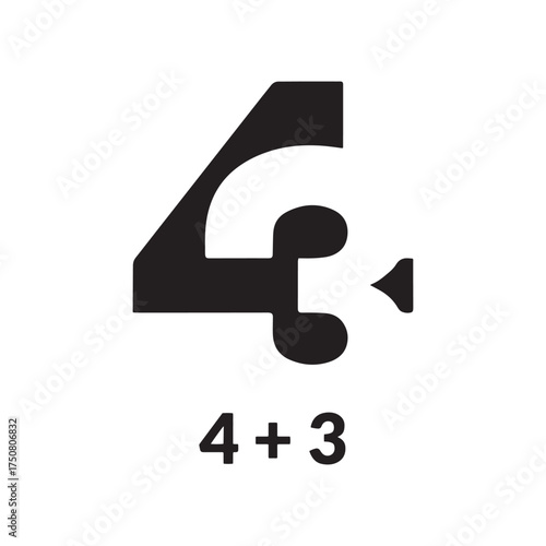 Modern black vector icon illustrating the mathematical sum of four plus three in a clean, artistic, minimalist composition