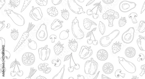 Illustration of assorted fresh fruits and vegetables pattern isolated on white background