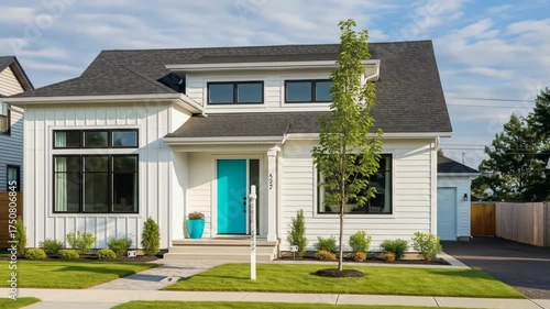 Wallpaper Mural A modern white home with a teal door and black-framed windows sits on a green lawn. A tree and landscaping add curb appeal. Blue sky in the background Torontodigital.ca