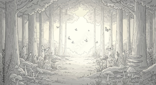 Enchanted Forest Illustration: An enchanting illustrated perspective of a forest, where sunlight filters through the trees. Butterflies float around the path. A perfect portrayal of serenity. 