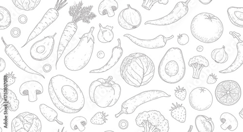 Illustration of handdrawn assortment of fresh vegetables and fruits isolated on white background