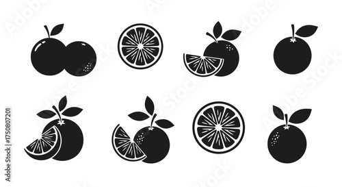 Illustration of black orange fruit icons collection on white background