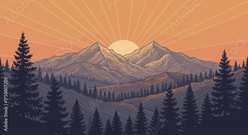 Sunrise Over Mountain Range: Majestic mountain peaks pierce the morning sky as the sun ascends, casting its golden rays upon a vibrant landscape of trees. Capturing the serenity of nature.