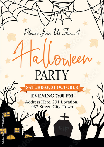 Minimalist Halloween Party Social Media Banner, Invitation Card Template Design