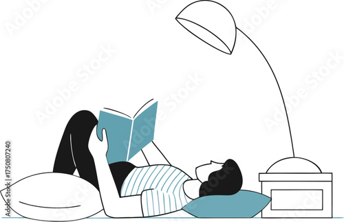 Flat vector art of a person lying on bed reading a book, soft pillow and bedside lamp, relaxing home atmosphere, isolated illustration