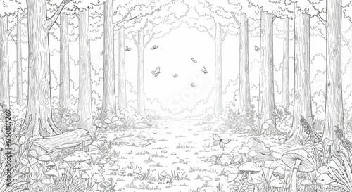 Forest Path to the Light: A tranquil forest scene unfolds with a gentle path leading towards a bright opening, inviting viewers into a space of peace and serenity. The image.